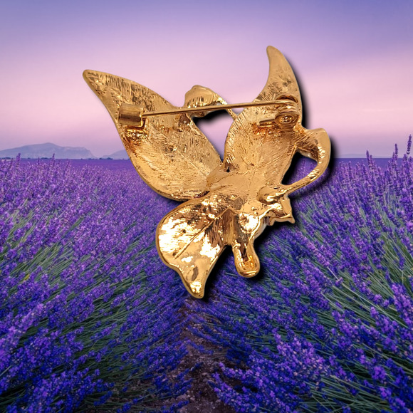 Gold Tone Round White Faux Pearl Multi Color Enamel Crystal Butterfly Brooch - Picture 2 of 4